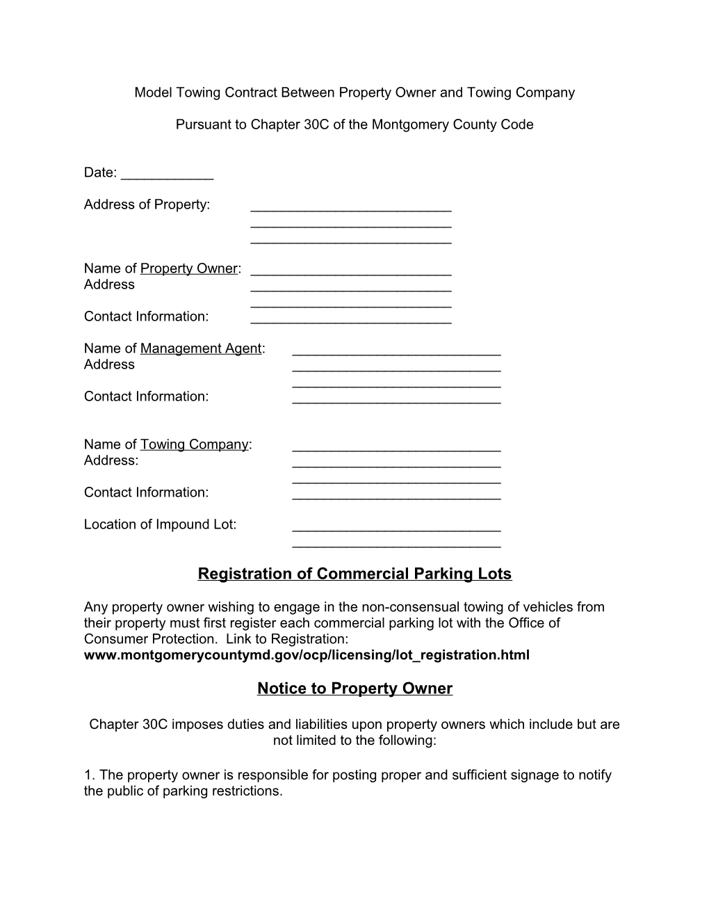 Model Towing Contract Between Property Owner and Towing Company