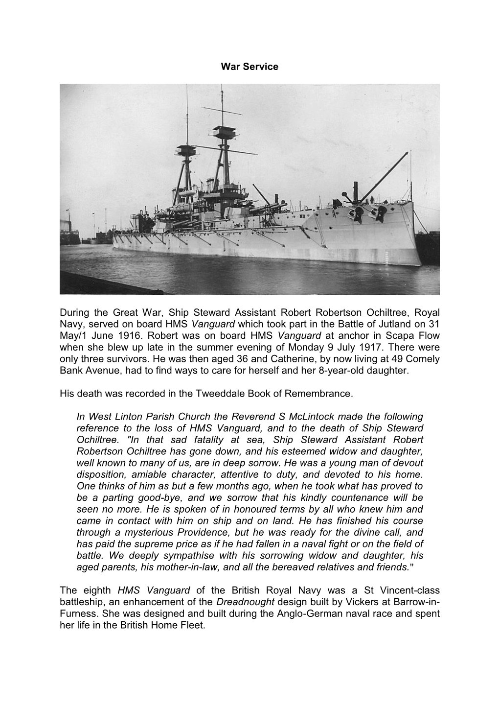 War Service During the Great War, Ship Steward Assistant Robert