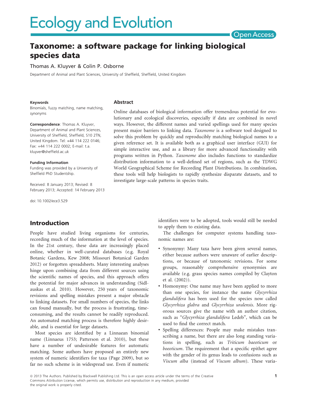 Taxonome: a Software Package for Linking Biological Species Data Thomas A