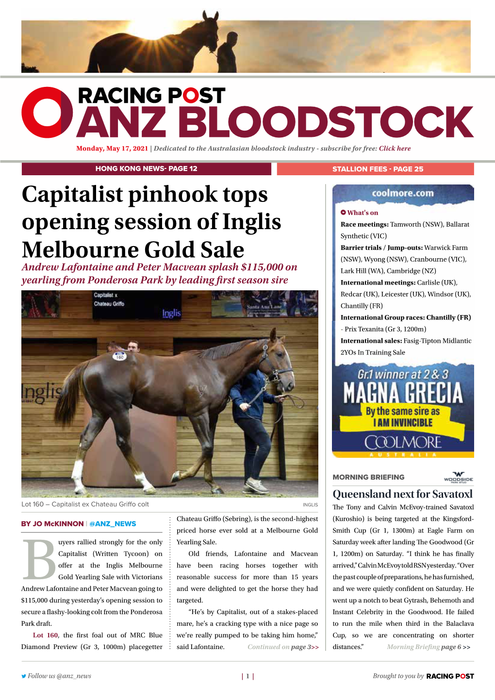 Capitalist Pinhook Tops Opening Session of Inglis Melbourne Gold Sale | 3 | Monday, May 17, 2021