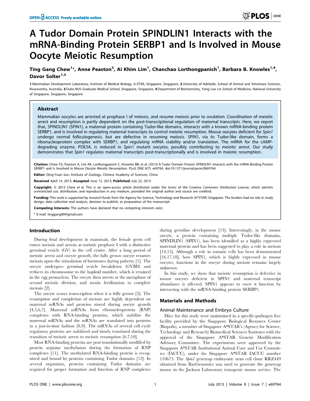 A Tudor Domain Protein SPINDLIN1 Interacts with the Mrna-Binding Protein SERBP1 and Is Involved in Mouse Oocyte Meiotic Resumption