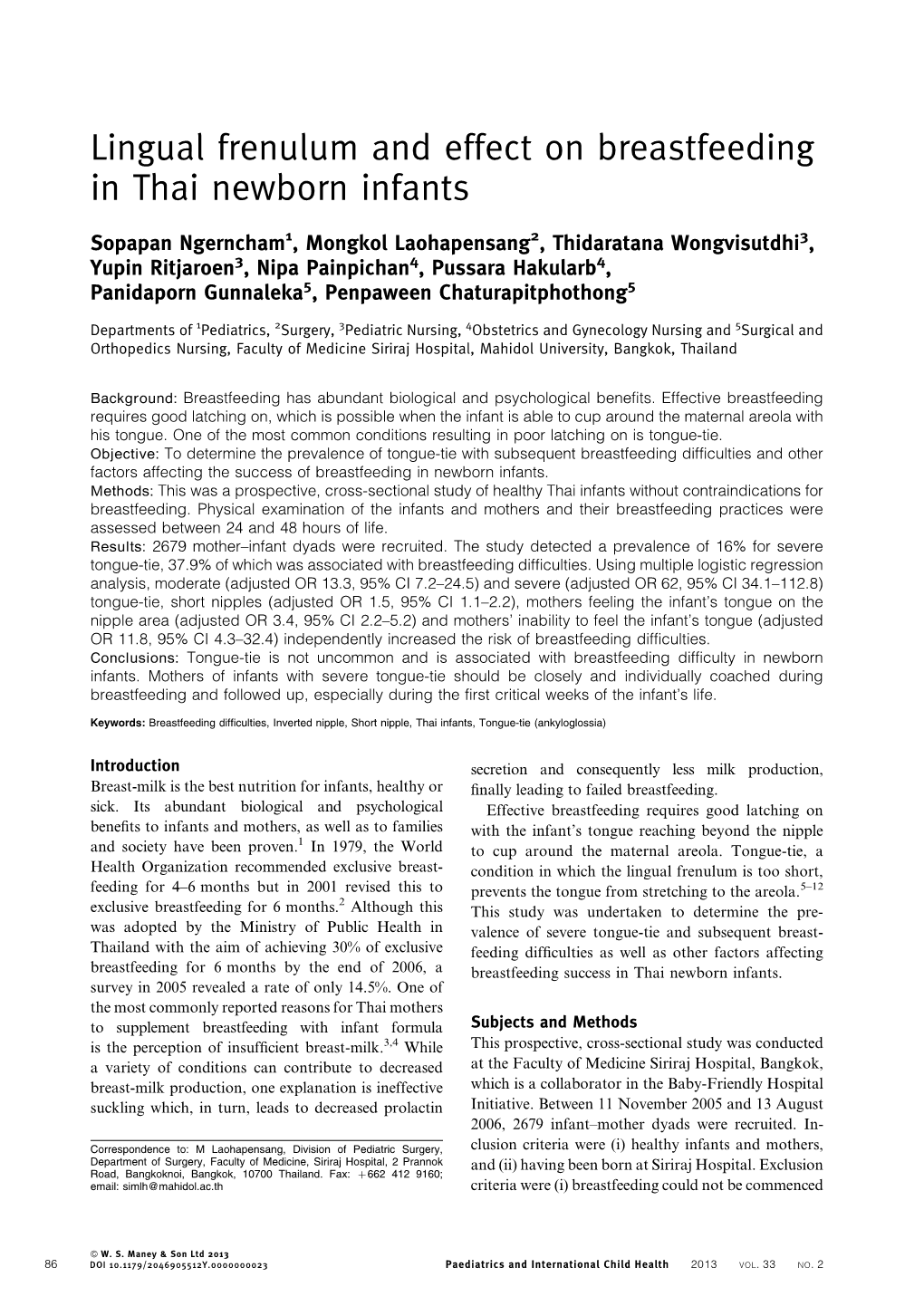 Lingual Frenulum and Effect on Breastfeeding in Thai Newborn Infants