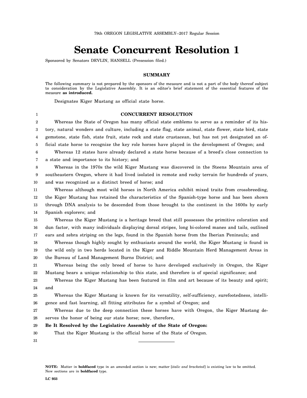 Senate Concurrent Resolution 1 Sponsored by Senators DEVLIN, HANSELL (Presession Filed.)