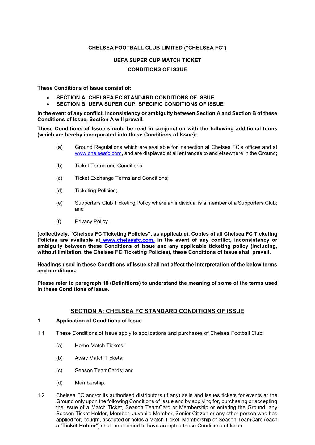 Section A: Chelsea Fc Standard Conditions of Issue