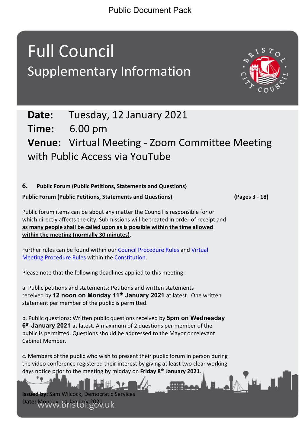 (Public Pack)Public Forum Received for 12Th Jan Full Council Agenda Supplement for Full Council, 12/01/2021 18:00