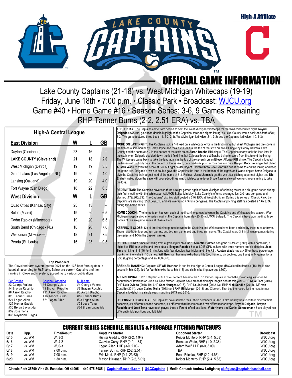 OFFICIAL GAME INFORMATION Lake County Captains (21-18) Vs