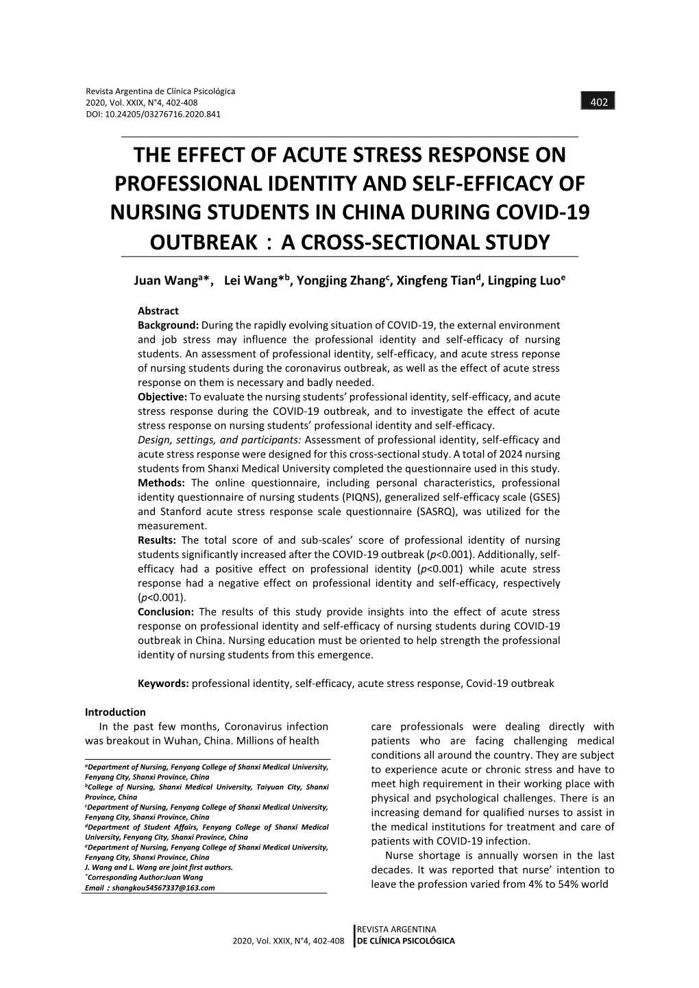 The Effect of Acute Stress Response on Professional Identity and Self-Efficacy of Nursing Students in China During Covid-19 Outbreak：A Cross-Sectional Study