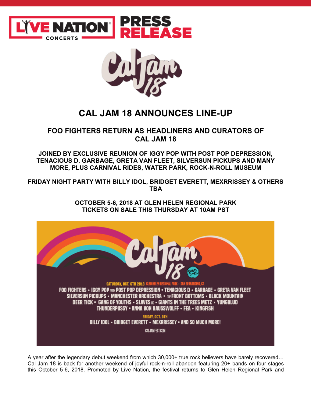 Cal Jam 18 Announces Line-Up