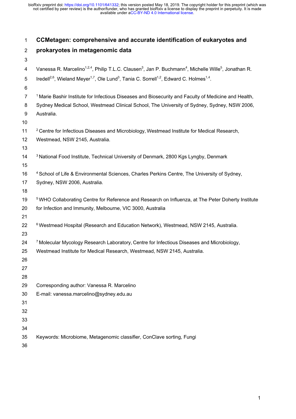 Ccmetagen: Comprehensive and Accurate Identification of Eukaryotes and 2 Prokaryotes in Metagenomic Data 3 4 Vanessa R