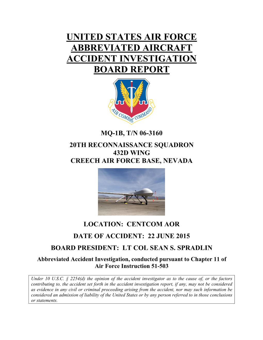 United States Air Force Abbreviated Aircraft Accident Investigation Board Report