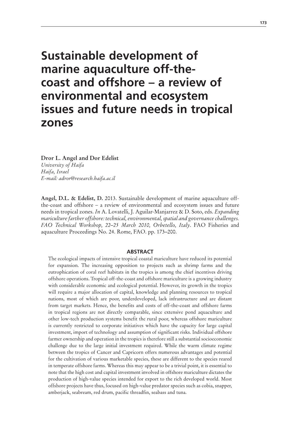Sustainable Development of Marine Aquaculture Off-The- Coast and Offshore – a Review of Environmental and Ecosystem Issues and Future Needs in Tropical Zones