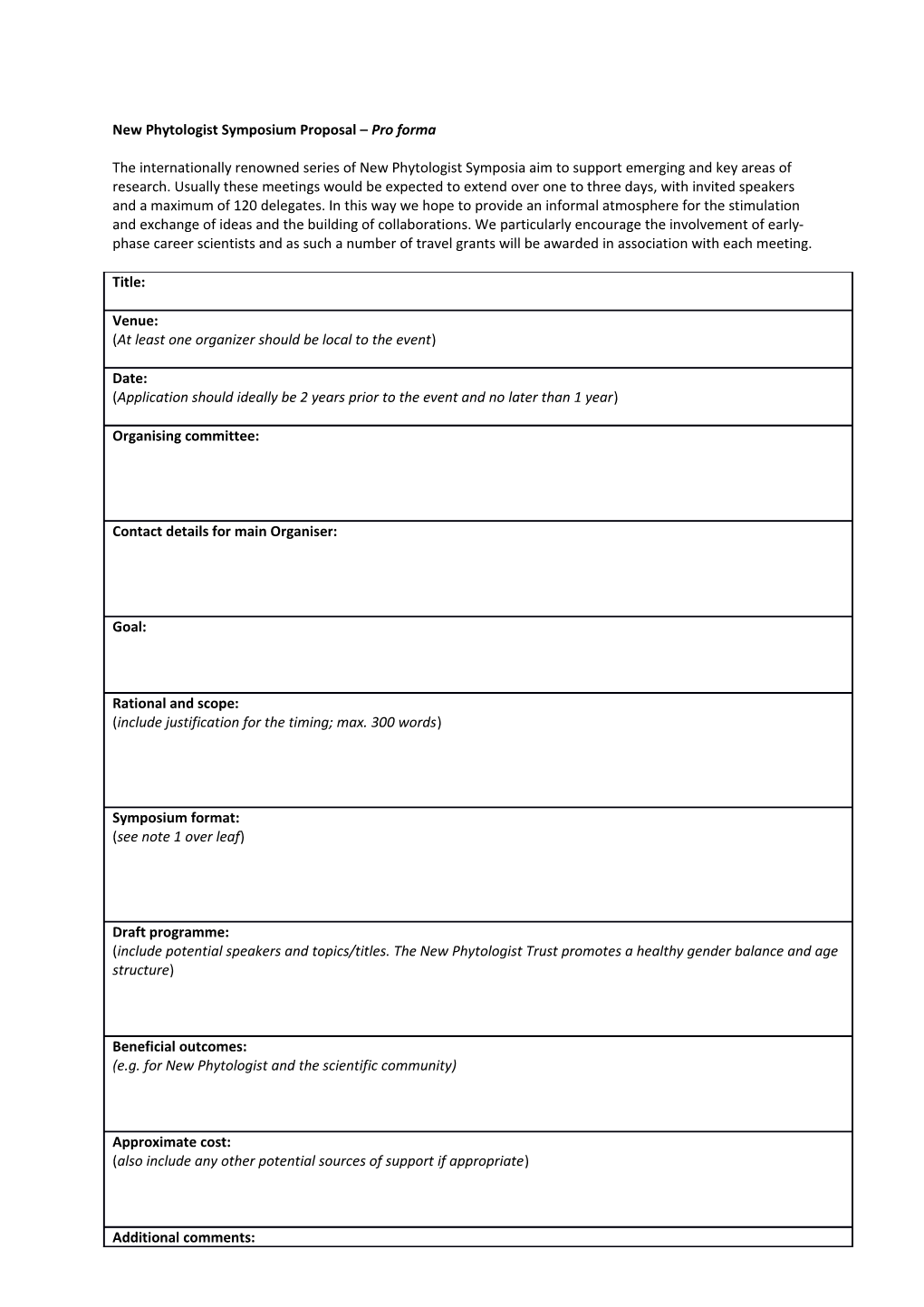 New Phytologist Symposium Proposal Pro Forma