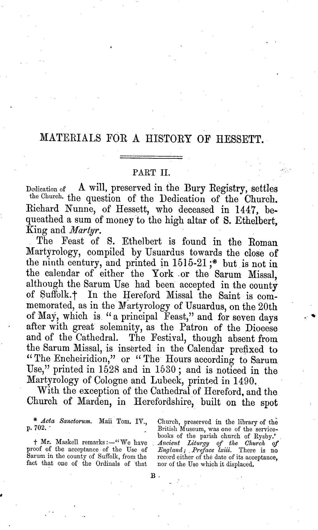 MATERIALS for a HISTORY of HESSETT. a Will, Preserved in The