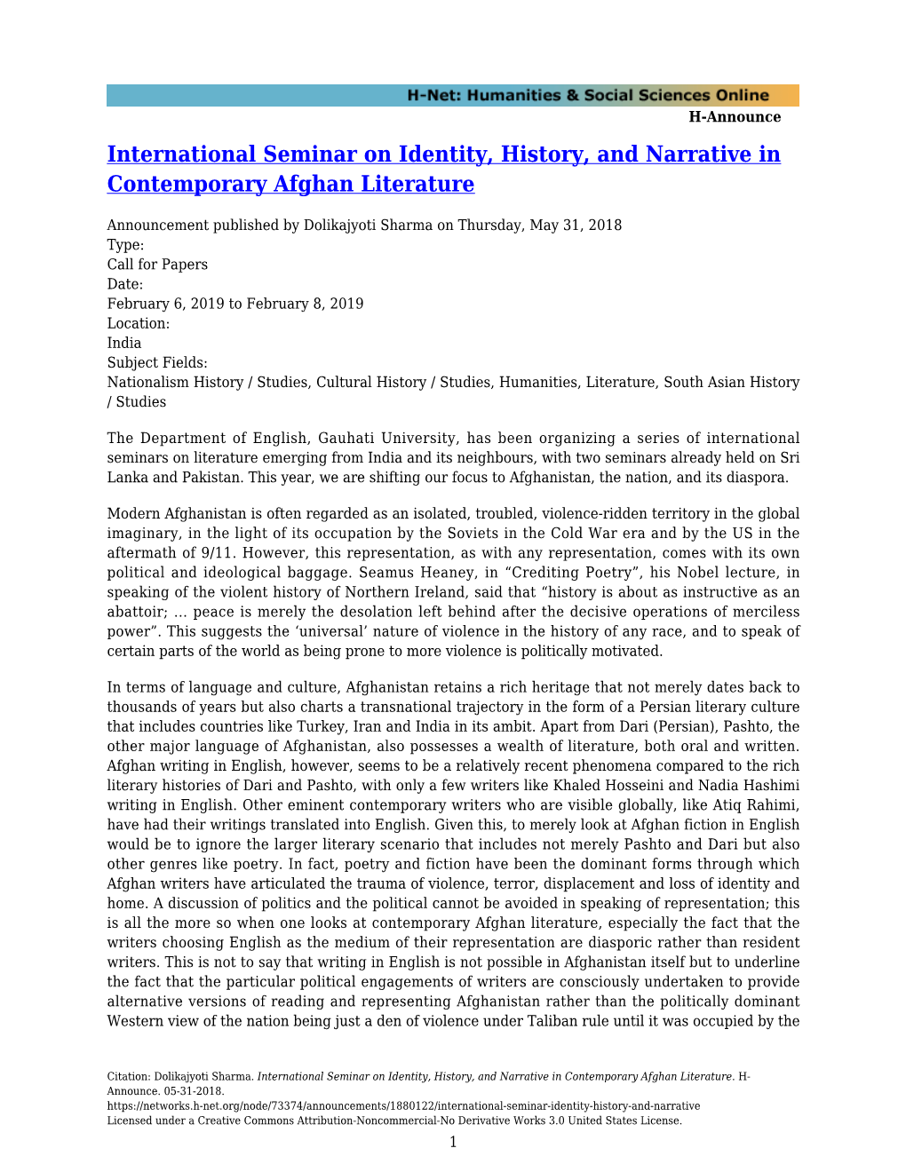 International Seminar on Identity, History, and Narrative in Contemporary Afghan Literature