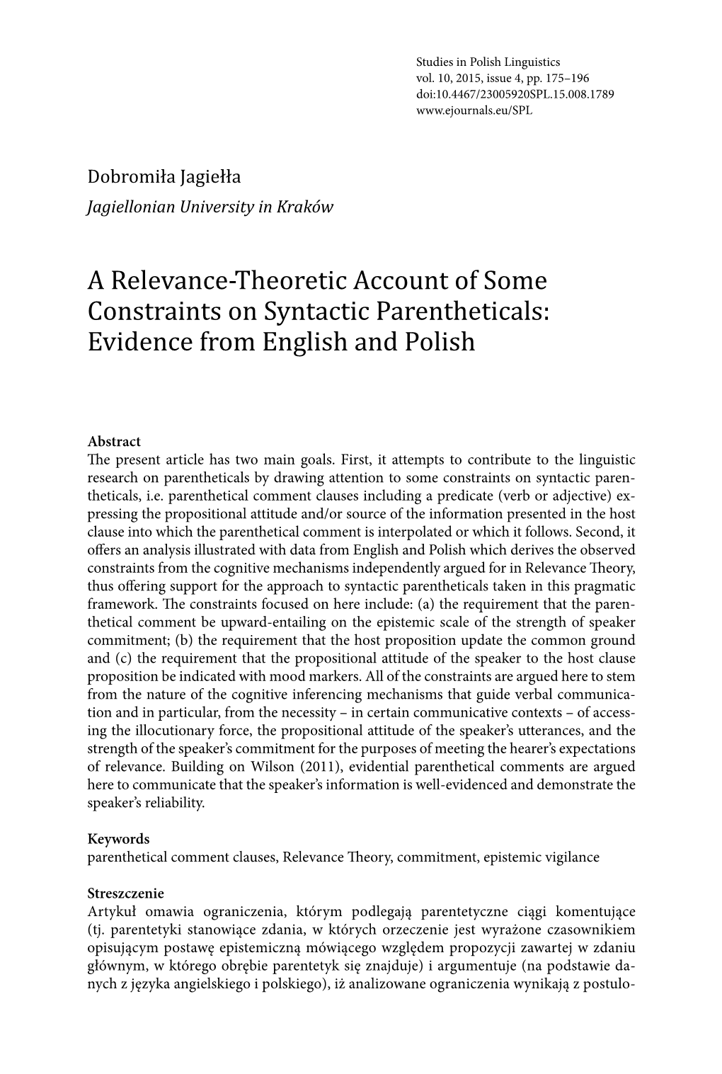 A Relevance-Theoretic Account of Some Constraints on Syntactic Parentheticals