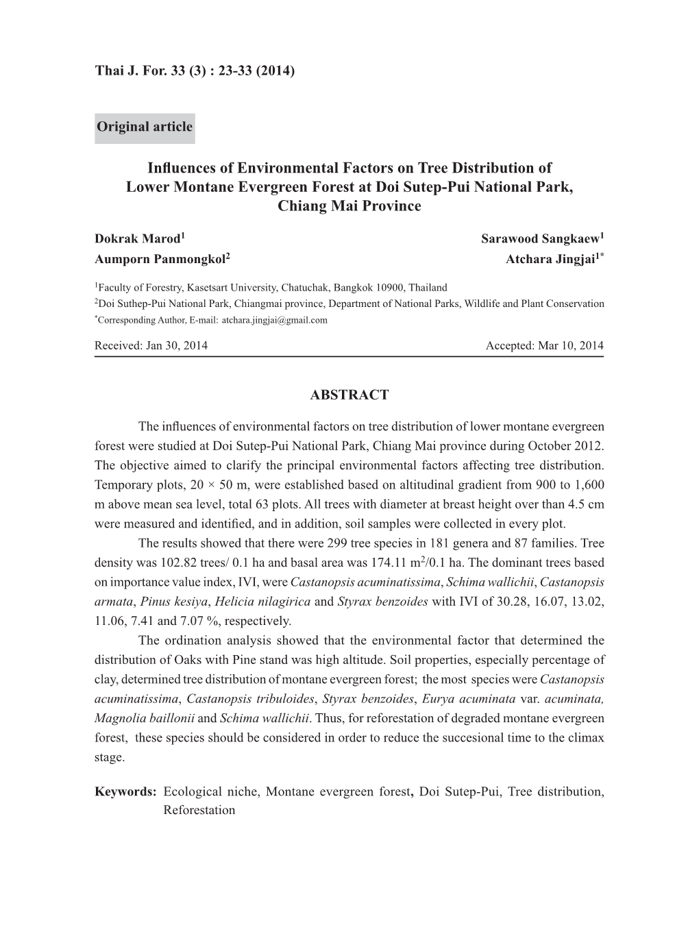 Influences of Environmental Factors on Tree Distribution of Lower Montane Evergreen Forest at Doi Sutep-Pui National Park, Chiang Mai Province