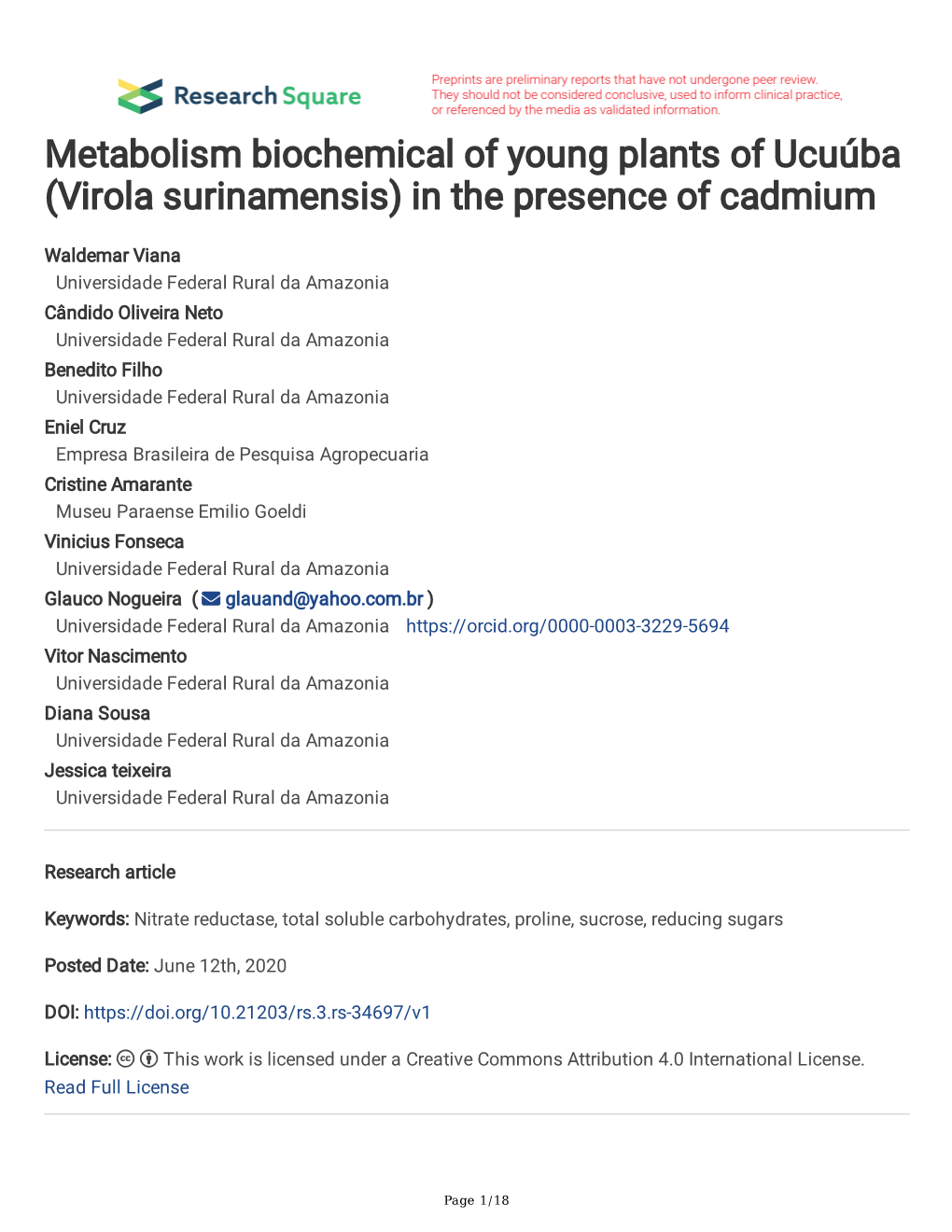 Virola Surinamensis) in the Presence of Cadmium