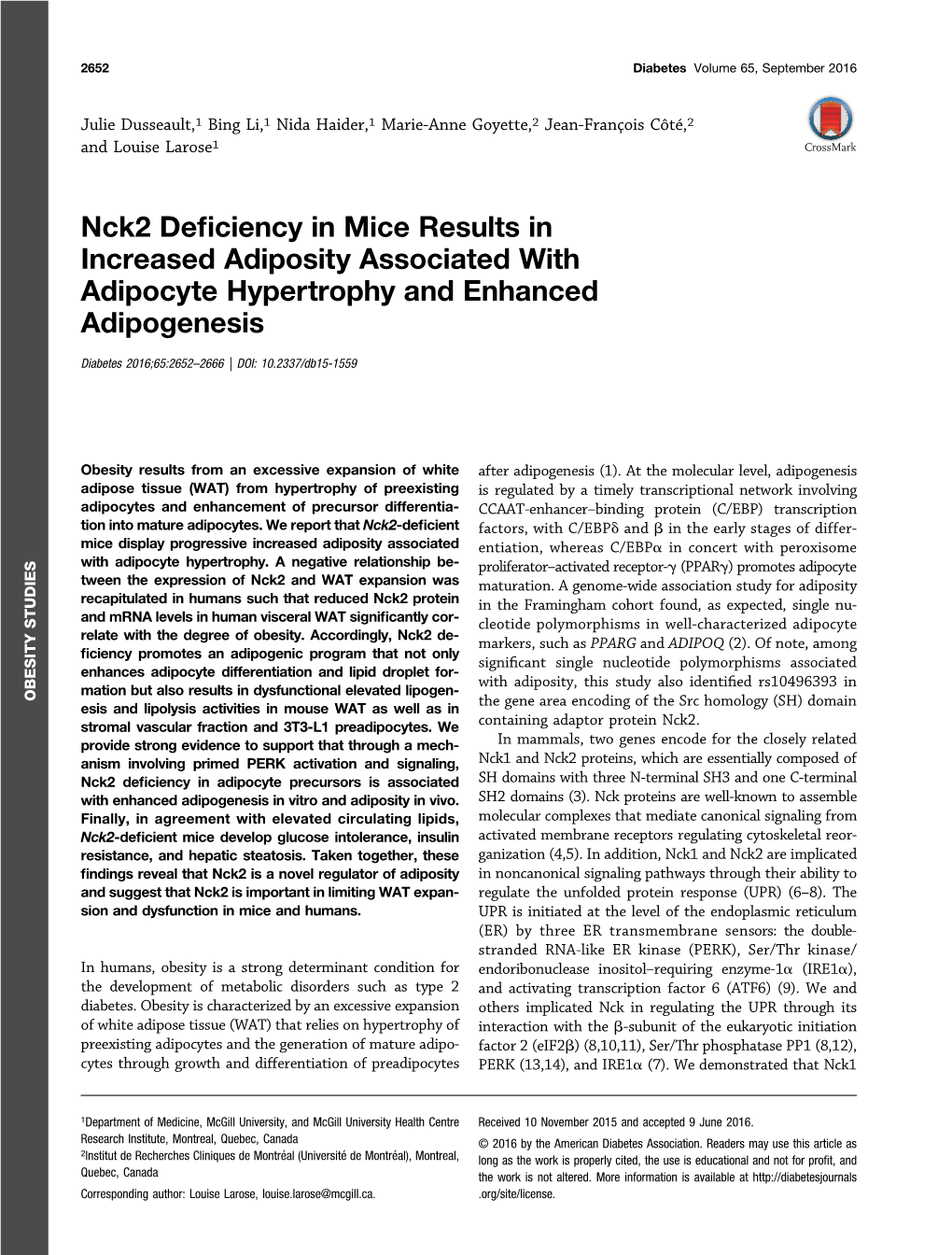 Nck2 Deficiency in Mice Results in Increased Adiposity