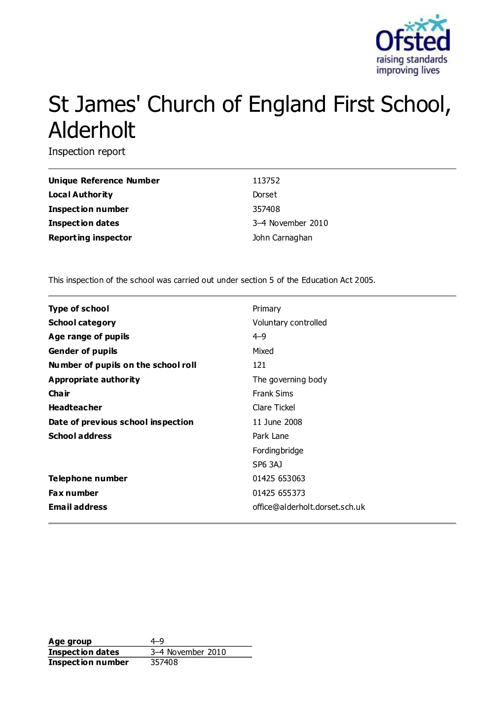 St James' Church of England First School, Alderholt Inspection Report