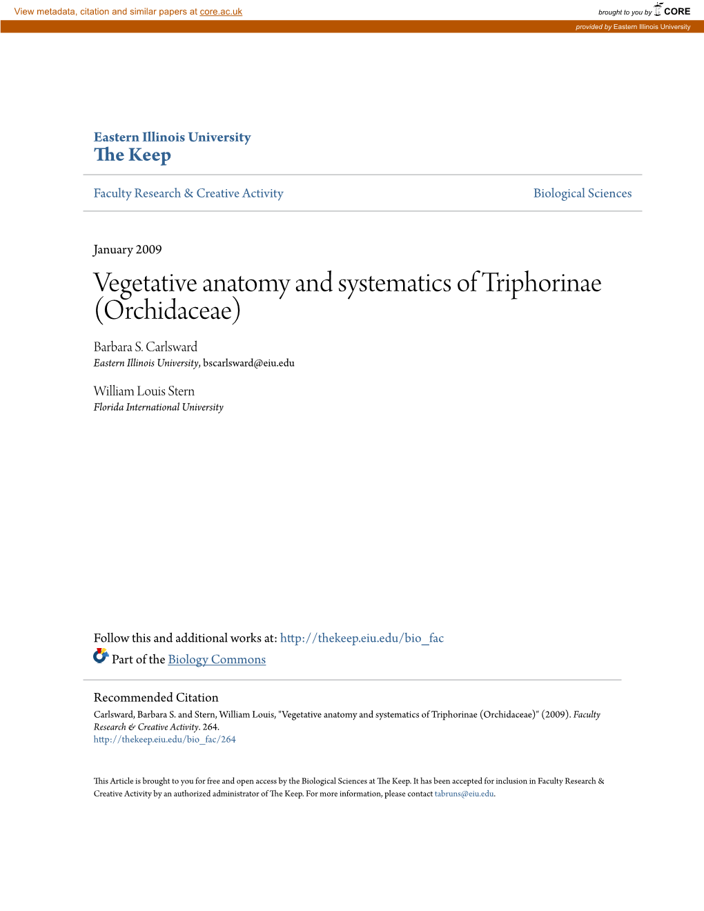 Vegetative Anatomy and Systematics of Triphorinae (Orchidaceae) Barbara S