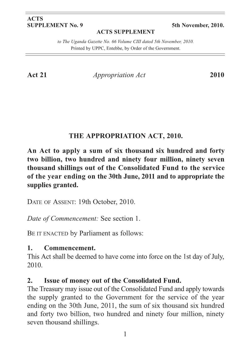 Act 21 Appropriation Act 2010 THE