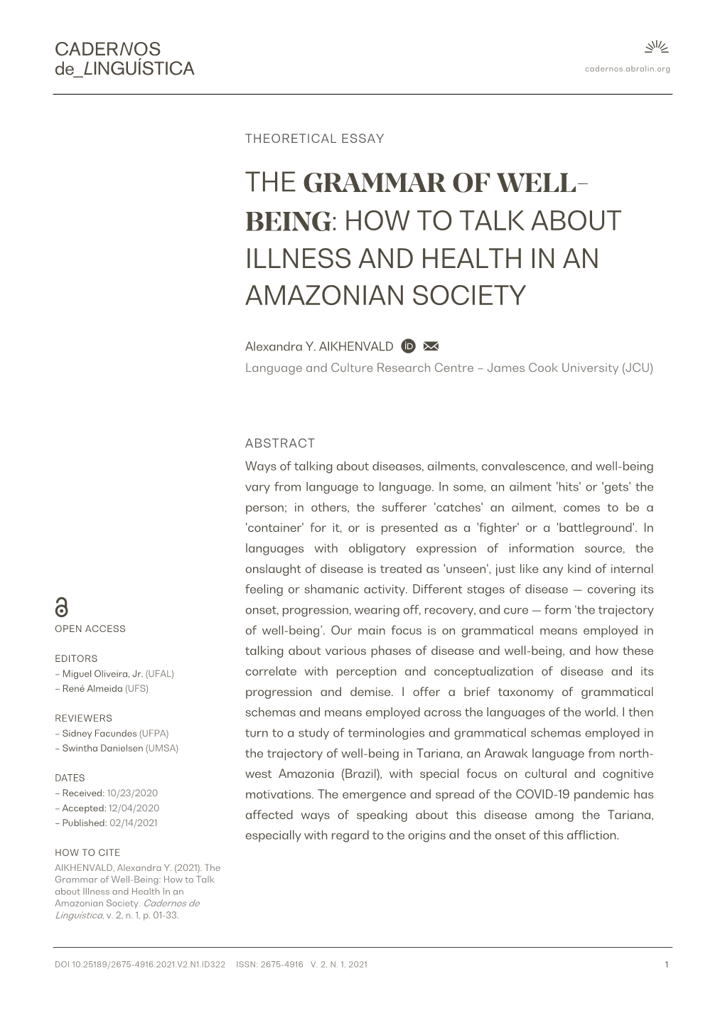 The Grammar of Well- Being: How to Talk About Illness and Health in an Amazonian Society