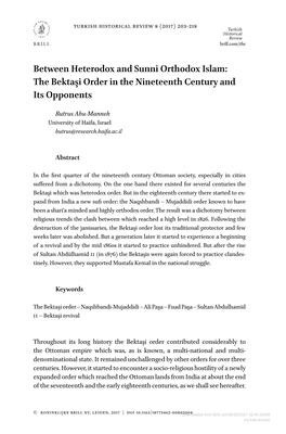 Between Heterodox and Sunni Orthodox Islam: the Bektaşi Order in the Nineteenth Century and Its Opponents