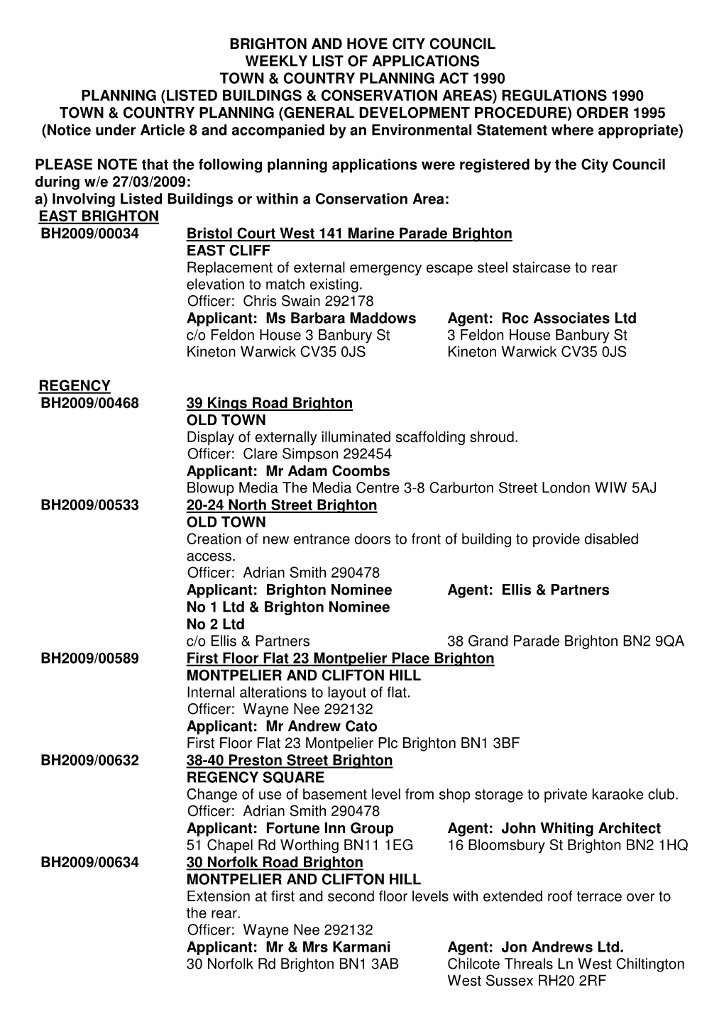 Brighton and Hove City Council Weekly List Of