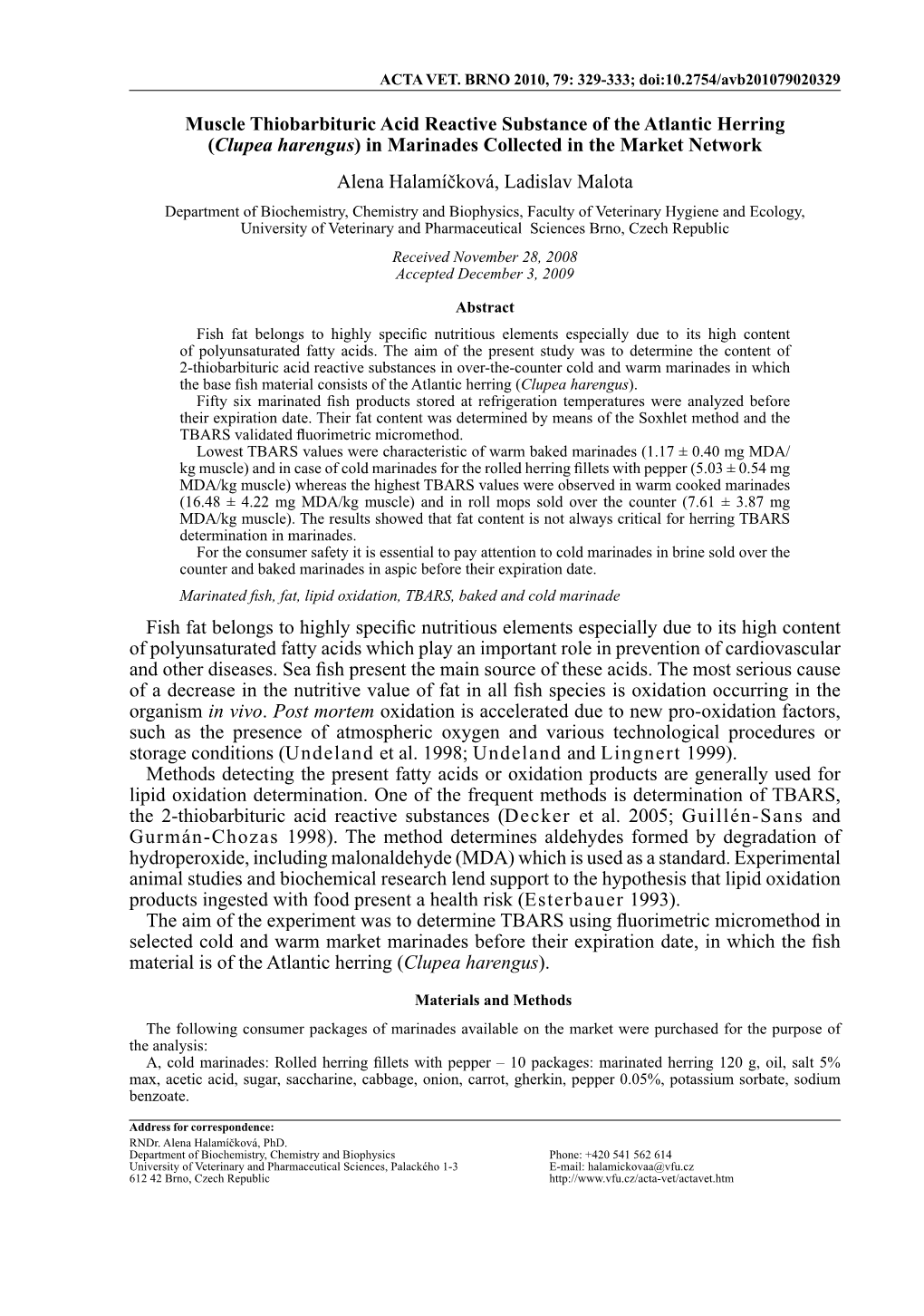 Muscle Thiobarbituric Acid Reactive Substance of the Atlantic Herring