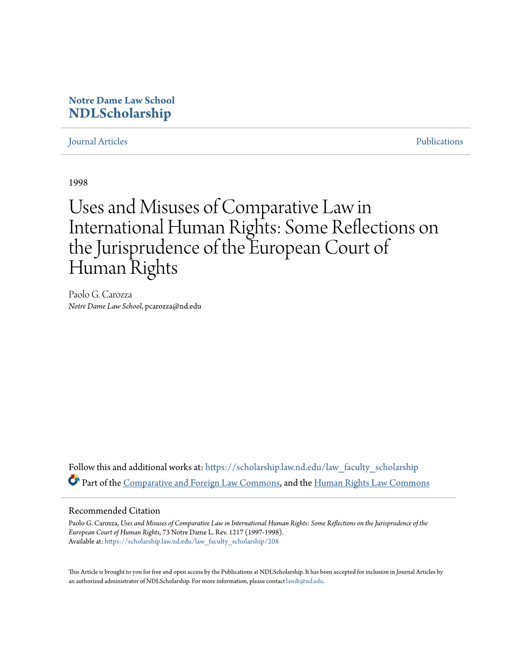 Uses and Misuses of Comparative Law in International Human Rights: Some Reflections on the Jurisprudence of the European Court of Human Rights Paolo G