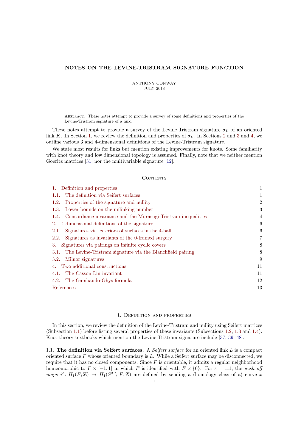 NOTES on the LEVINE-TRISTRAM SIGNATURE FUNCTION These