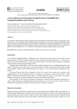 A New Cutthroat Eel of the Genus Synaphobranchus (Anguilliformes: Synaphobranchidae) from Taiwan