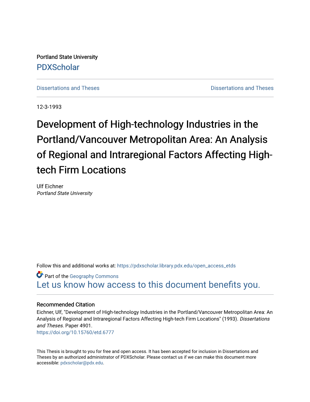 Development of High-Technology Industries in the Portland/Vancouver Metropolitan Area