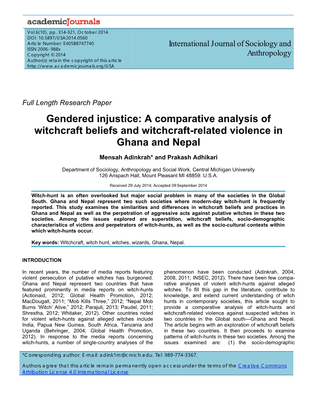Gendered Injustice: a Comparative Analysis of Witchcraft Beliefs and Witchcraft-Related Violence in Ghana and Nepal