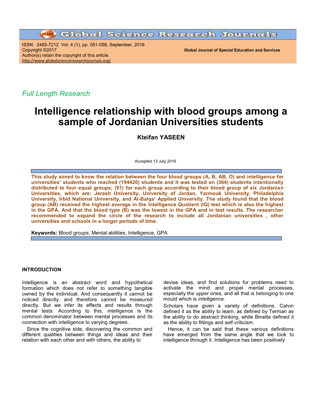 Intelligence Relationship with Blood Groups Among a Sample of Jordanian Universities Students