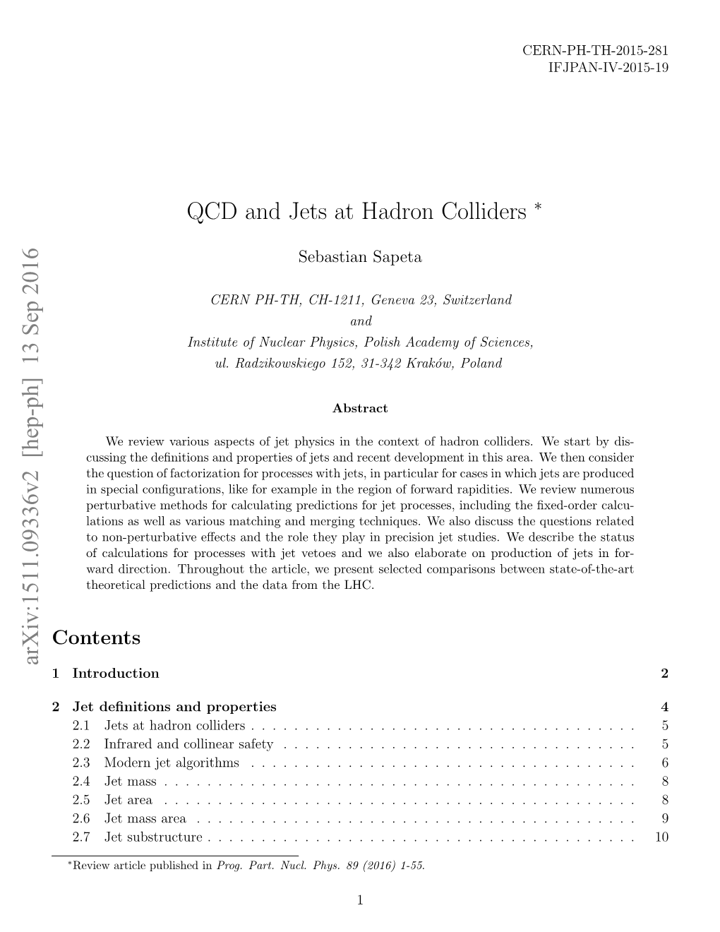 QCD and Jets at Hadron Colliders ∗ Arxiv:1511.09336V2 [Hep-Ph] 13