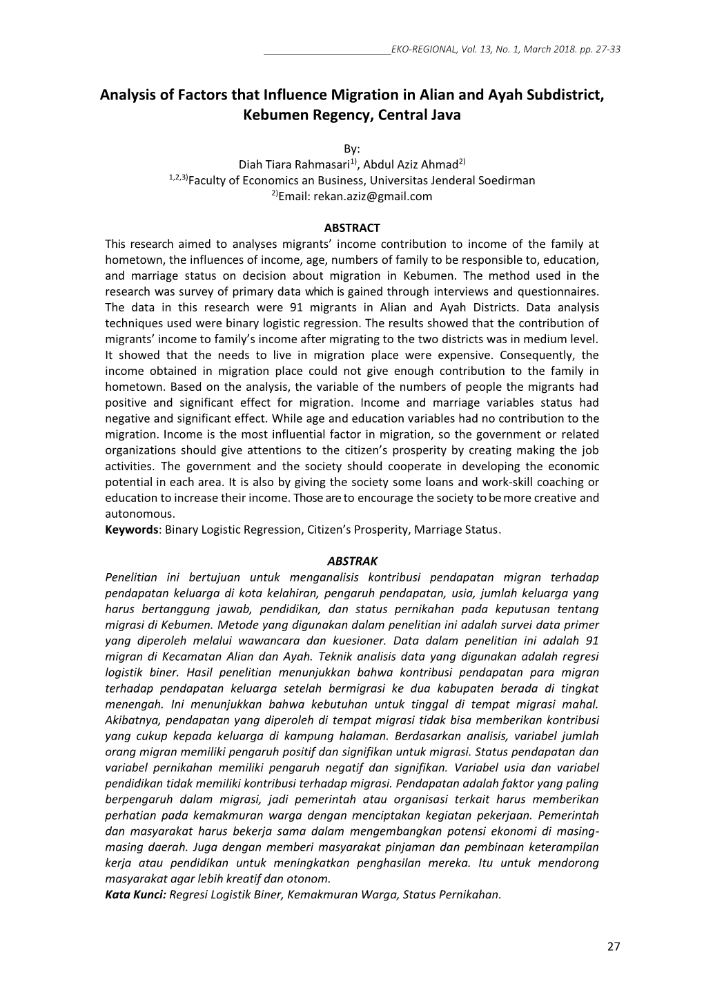 Analysis of Factors That Influence Migration in Alian and Ayah Subdistrict, Kebumen Regency, Central Java