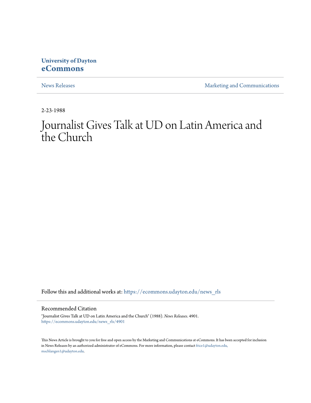 Journalist Gives Talk at UD on Latin America and the Church