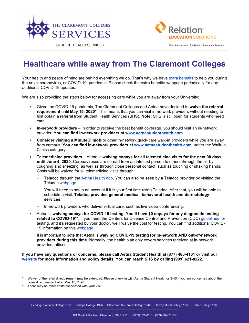 Healthcare While Away from the Claremont Colleges (PDF)