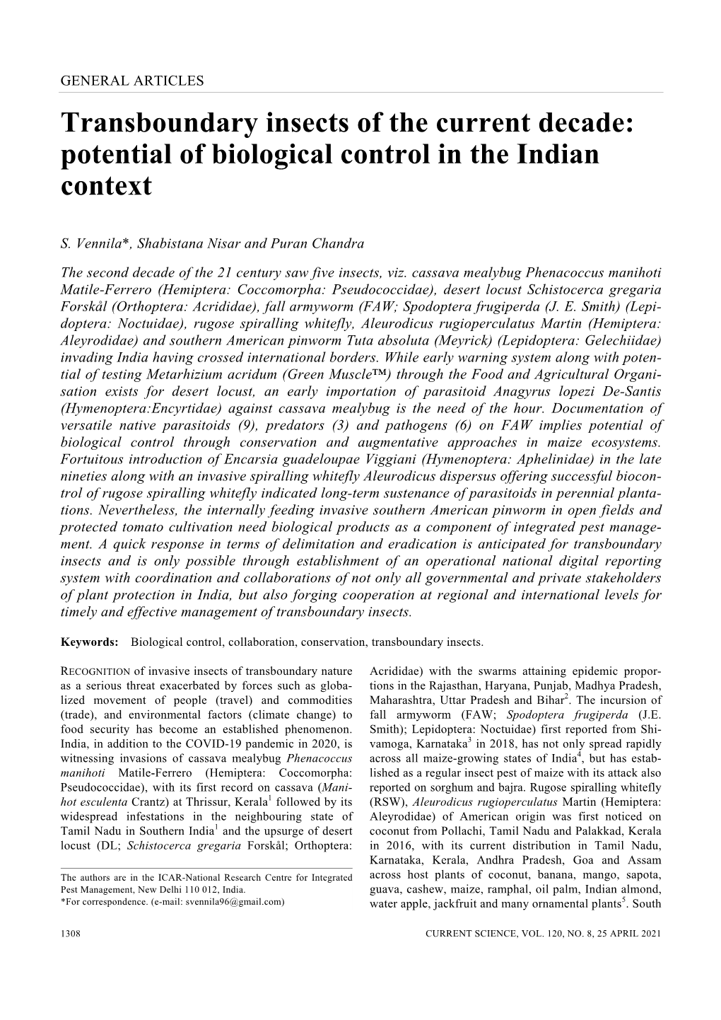 Transboundary Insects of the Current Decade: Potential of Biological Control in the Indian Context