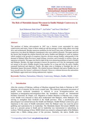 The Role of Muttahida Qaumi Movement in Sindhi-Muhajir Controversy in Pakistan