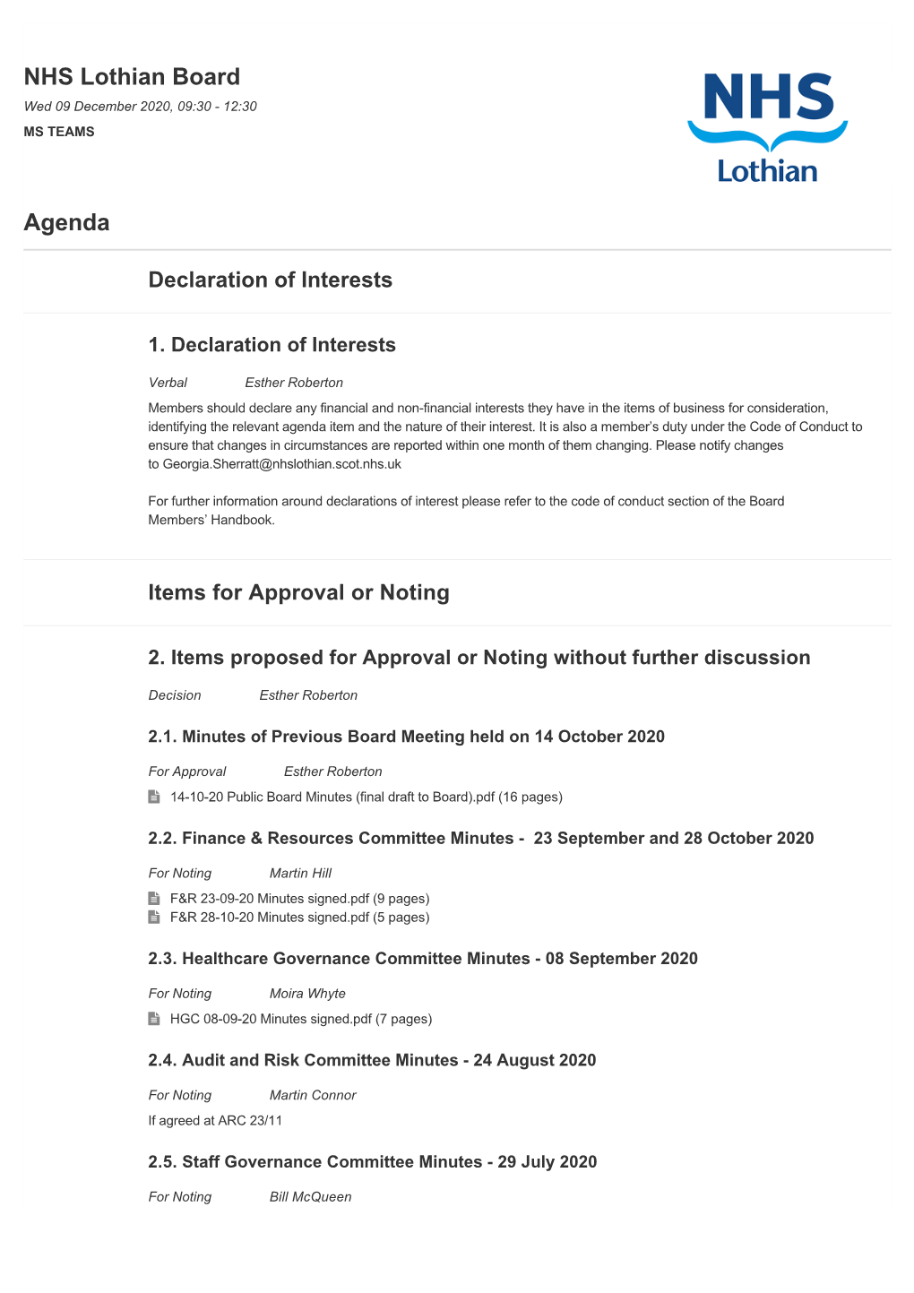 NHS Lothian Board Agenda