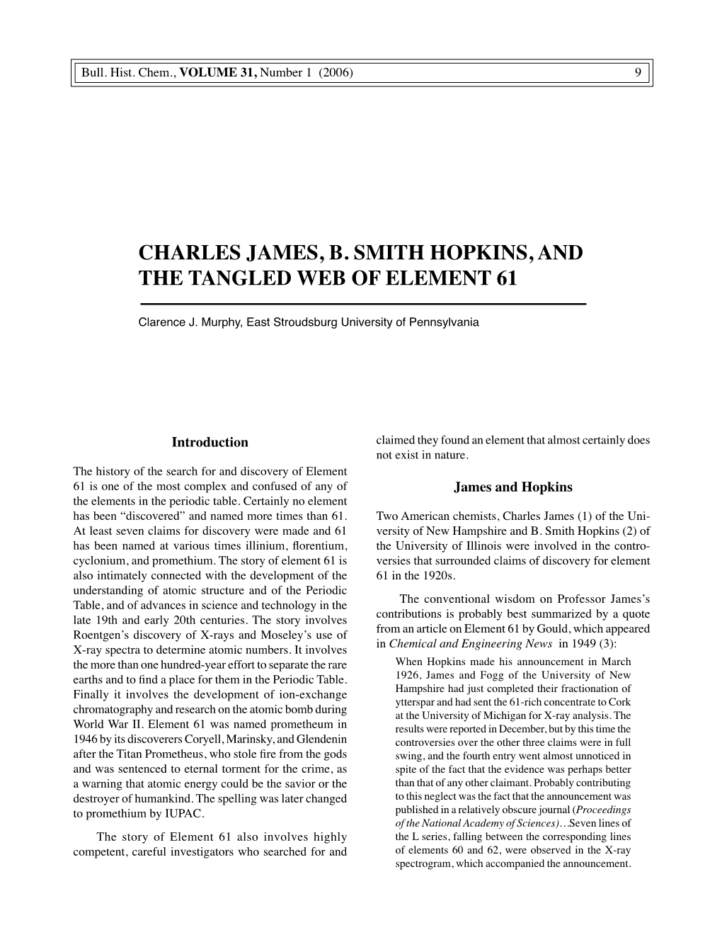 Charles James, B. Smith Hopkins, and the Tangled Web of Element 61