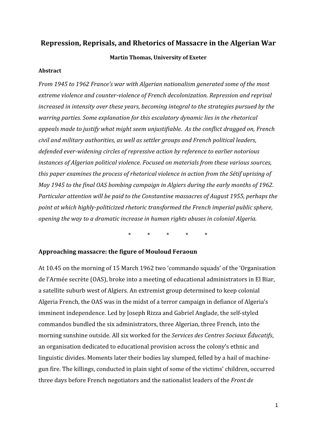 Repression, Reprisals, and Rhetorics of Massacre in French Algeria