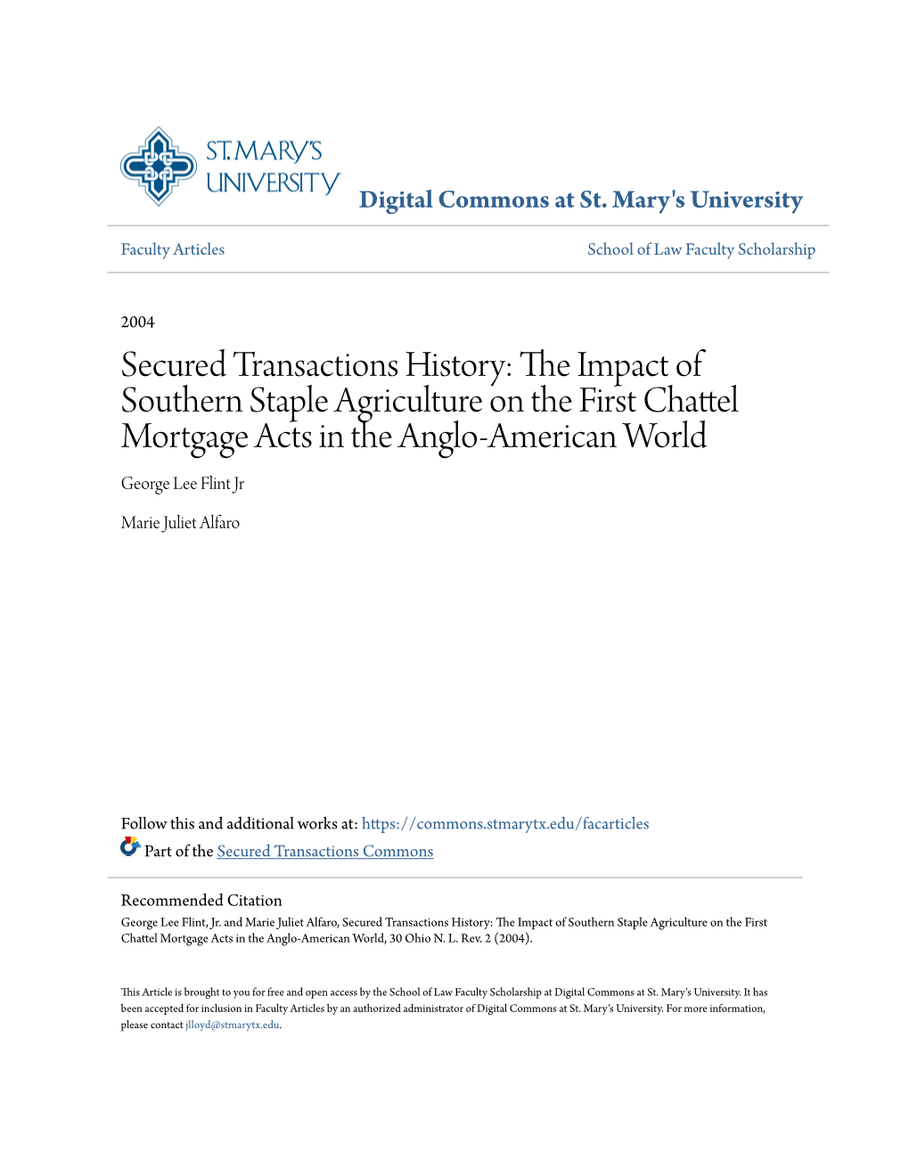 The Impact of Southern Staple Agriculture on the First Chattel Mortgage Acts in the Anglo-American World