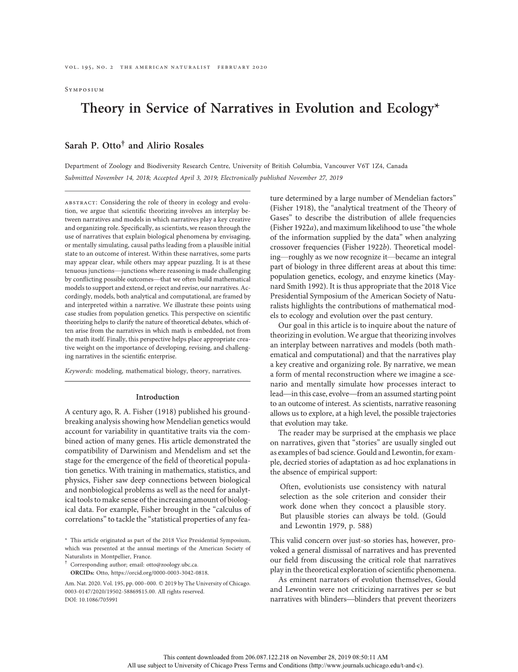 Theory in Service of Narratives in Evolution and Ecology*