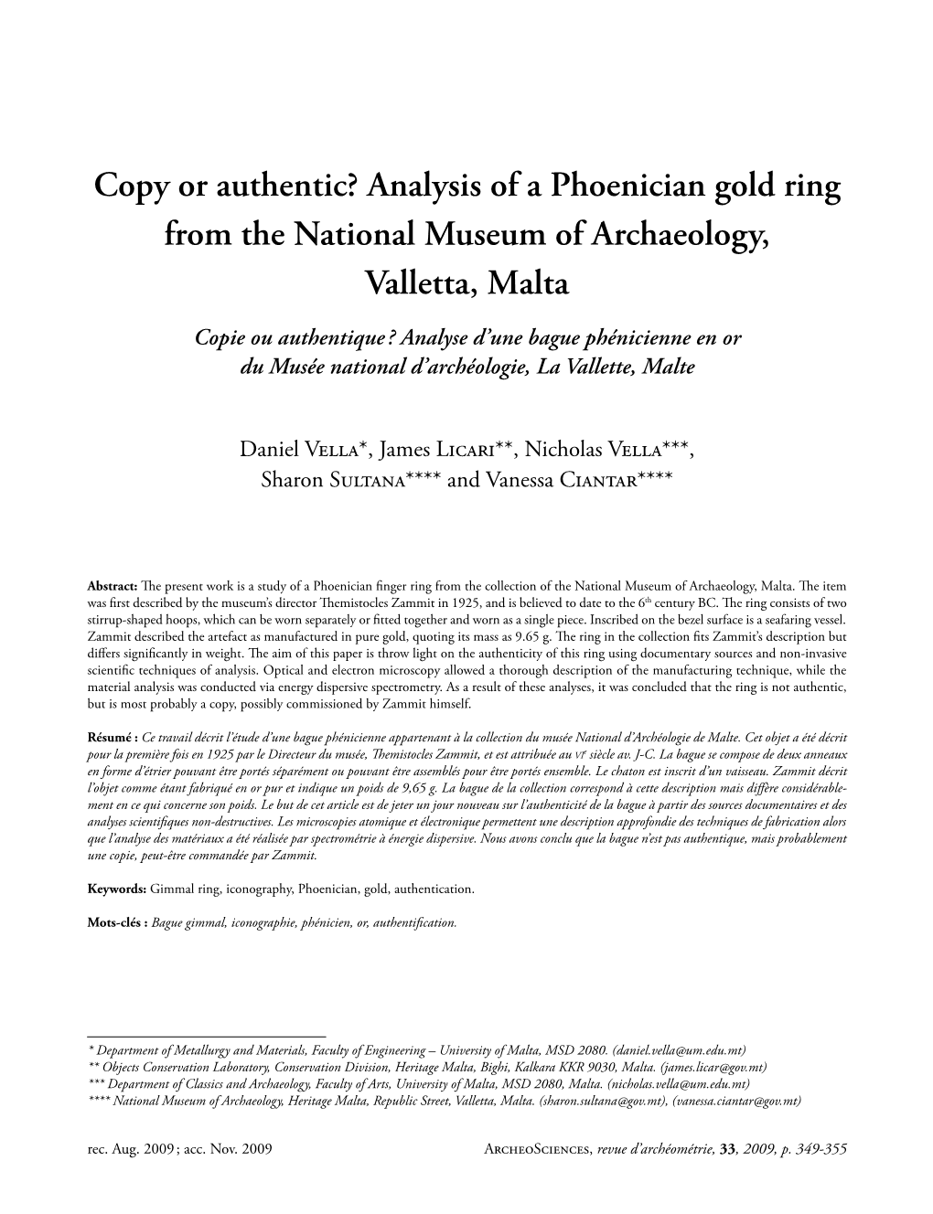 Copy Or Authentic? Analysis of a Phoenician Gold Ring from the National Museum of Archaeology, Valletta, Malta