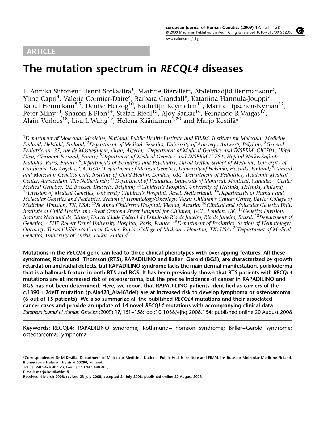 The Mutation Spectrum in RECQL4 Diseases