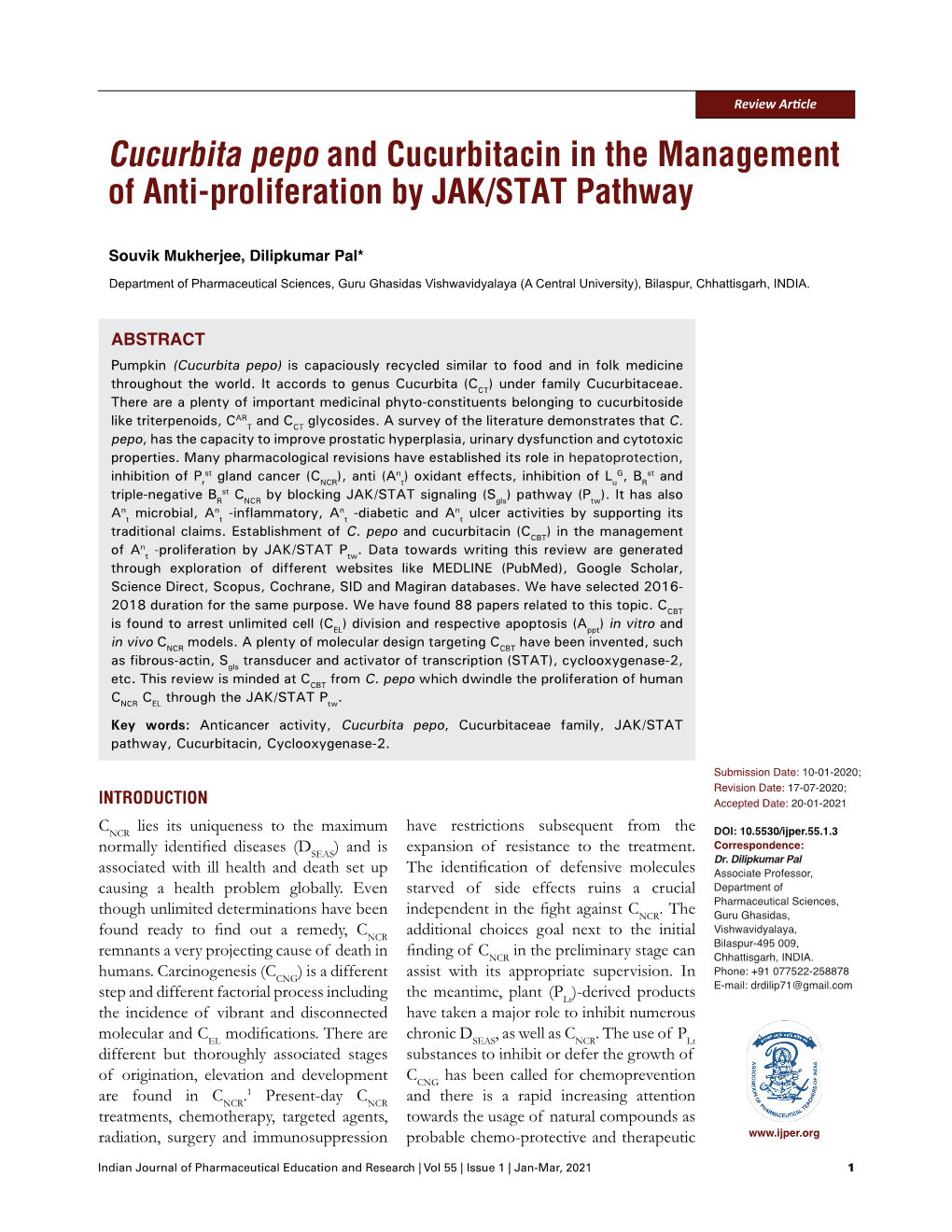 Cucurbita Pepo and Cucurbitacin in the Management of Anti-Proliferation by JAK/STAT Pathway