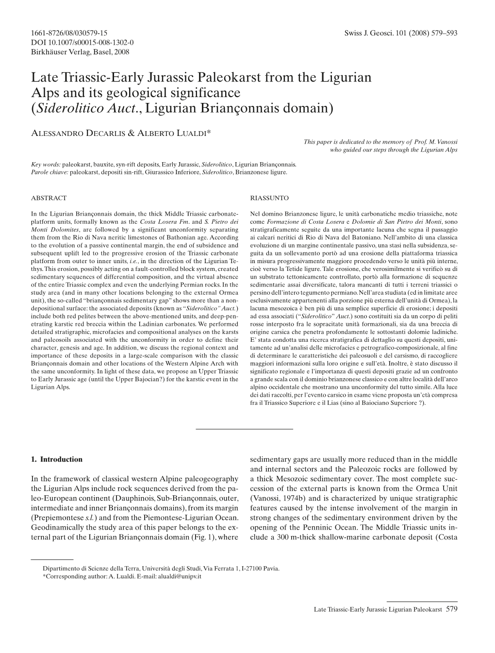 Late Triassic-Early Jurassic Paleokarst from the Ligurian Alps and Its Geological Significance (Siderolitico Auct., Ligurian Briançonnais Domain)